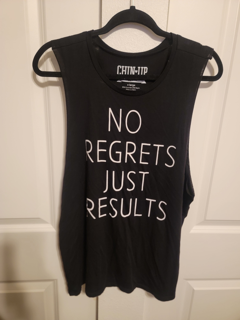 Chin Up Apparel Black Muscle Tee with White 'No Regrets Just Results' Graphic